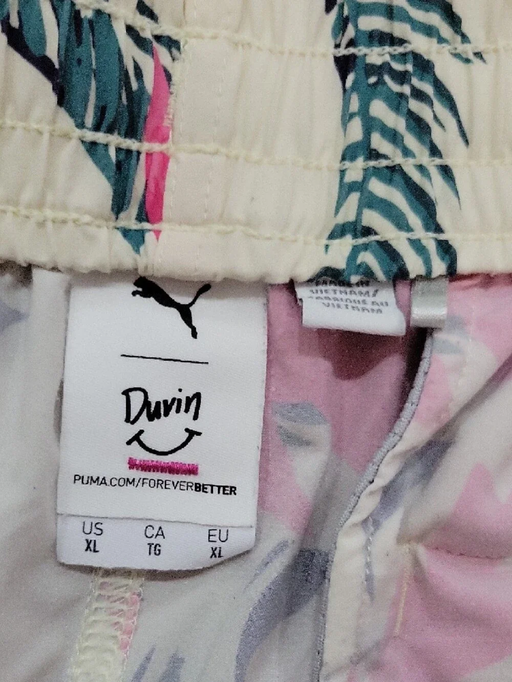 Men's Athletic Drawstring Shorts in Cream with Pink & Blue Leaf Print